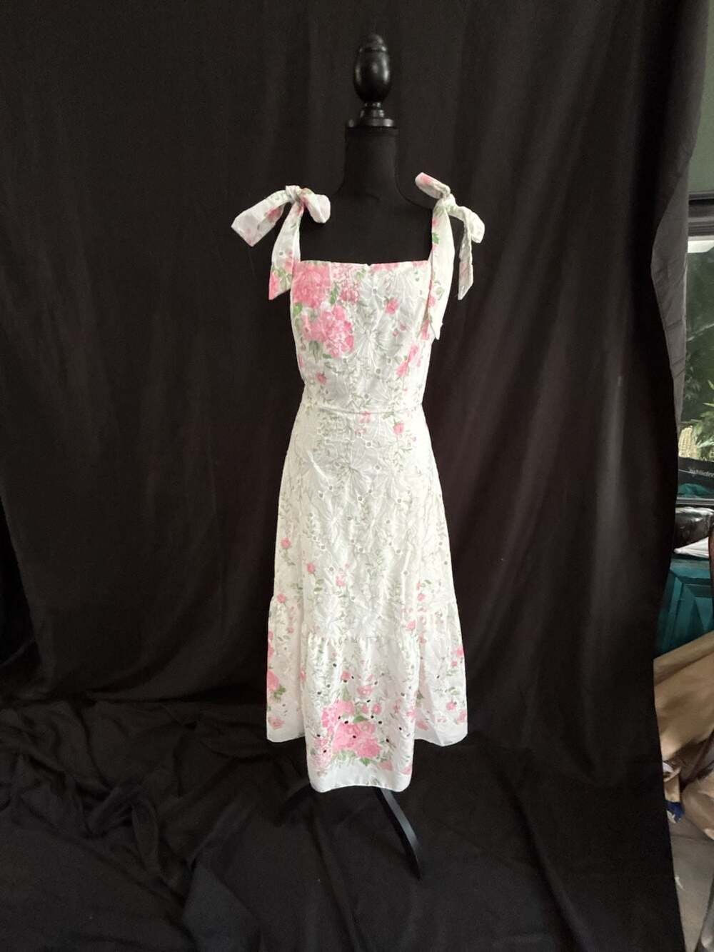 SHEIN White and Pink Hollow Embroidered Floral Print Tie-Strap Midi Dress